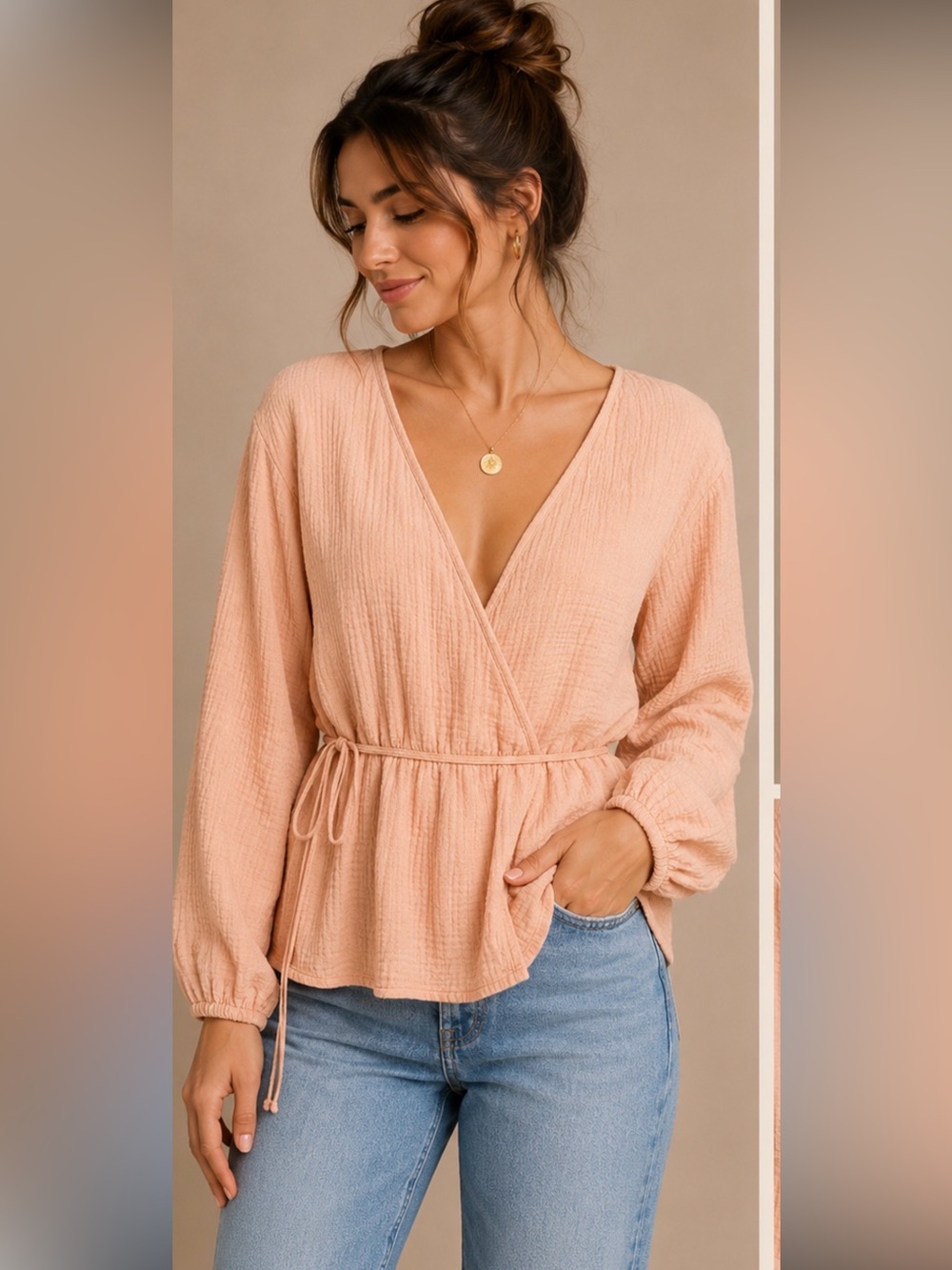 Ava & Viv Blush Double Gauze Wrap Blouse 1X Boho Tie Waist Top‎